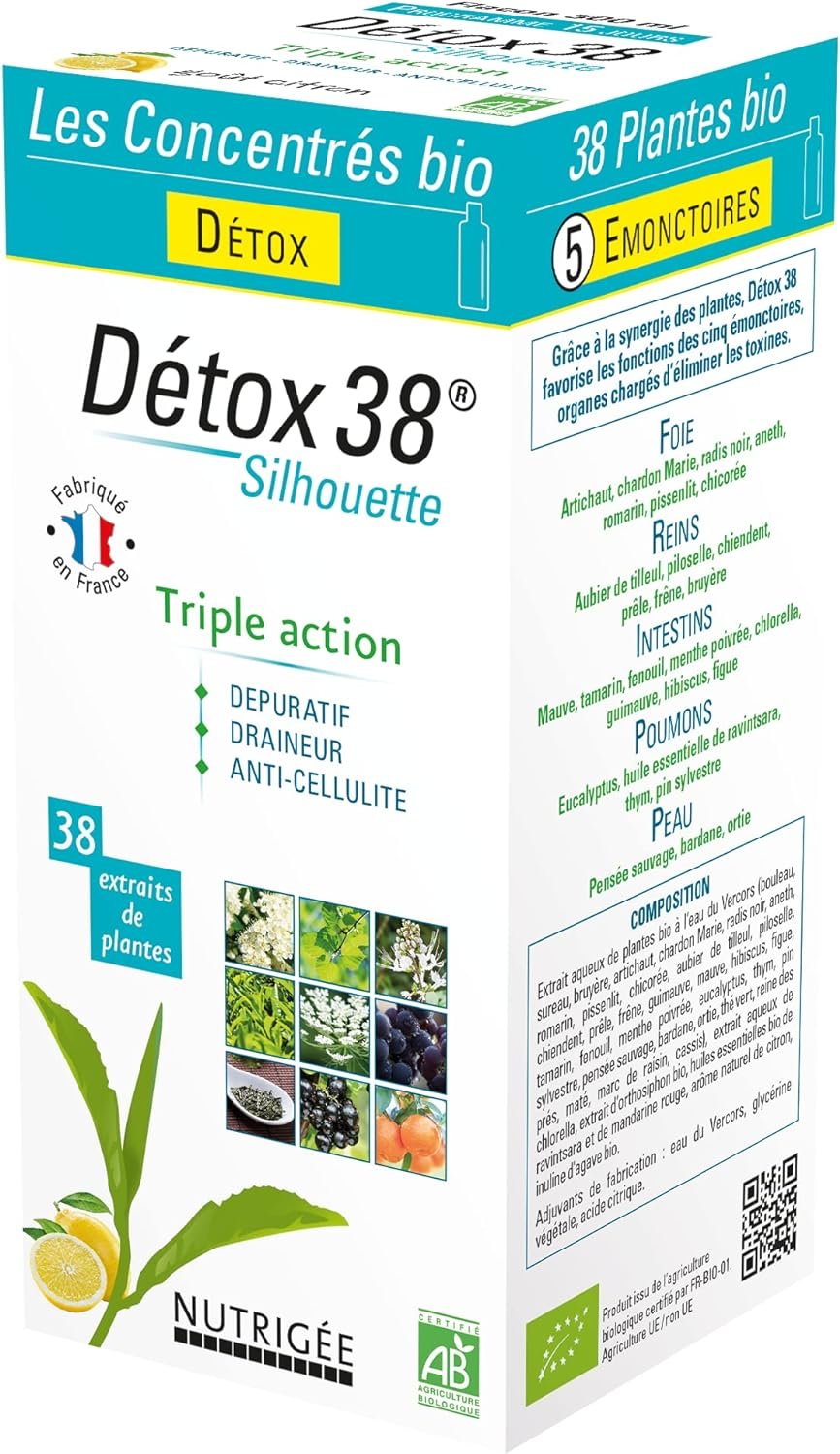 DÉTOX 38 BIO • 38 Plantes • Triple Action : DÉPURATIF - DRAINEUR - ANTI-CELLULITE • BOISSON CONCENTRÉE BIO • 300 ml • Fabriqué en France • Nutrigée