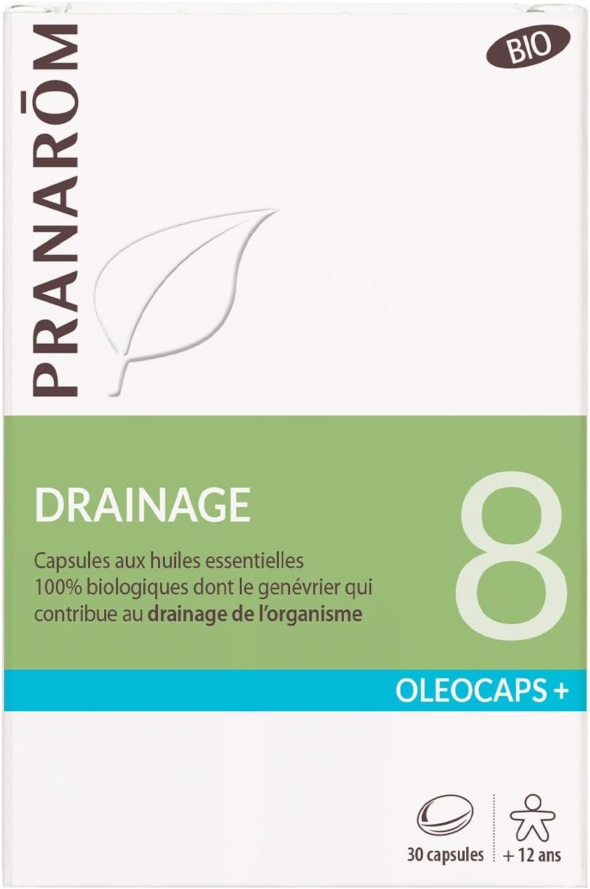 Oléocaps 8 - Drainage - Aux Huiles Essentielles Ciblées - Menthe Poivrée, Citron, Gingembre, Cardamome, Mandarine & Genévrier - 100% Naturelle Et Bio - HECT - 30 Capsules Prédosées