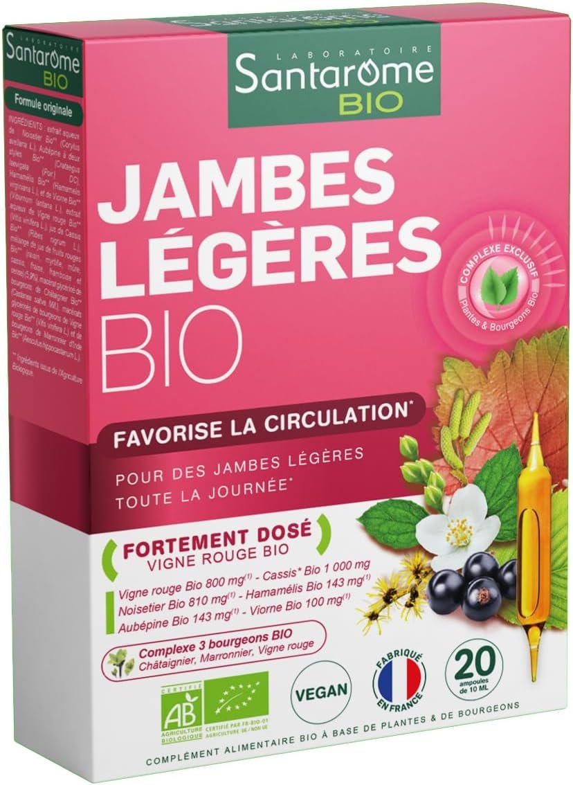 Santarome Bio - Jambes Légères | Complément Alimentaire Circulation | Jambes Lourdes, Enflées ou Douloureuses - A base de plantes - Vigne Rouge, Noisetier | 20 Ampoules | Made In France |Végan