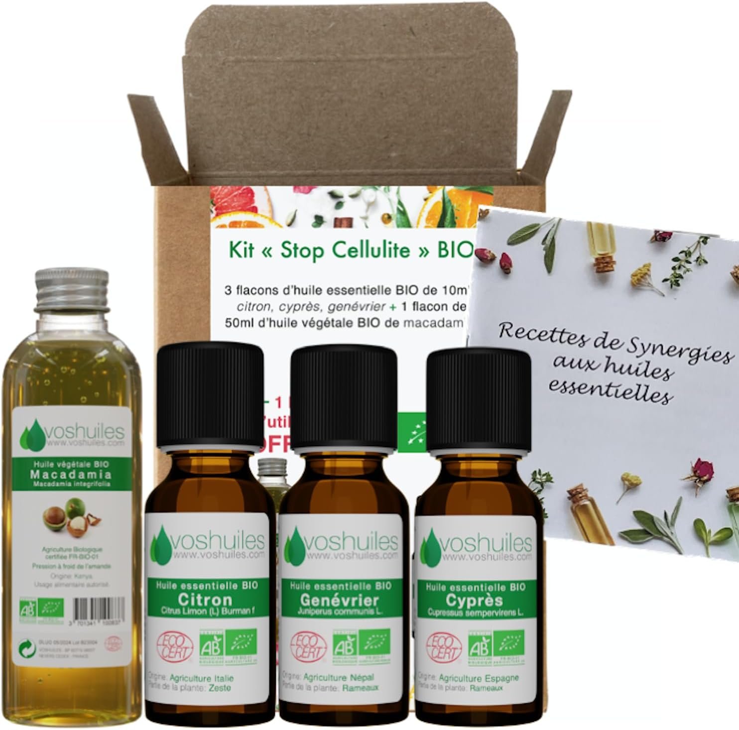 VOSHUILES - Kit Stop Cellulite - 3 Huiles Essentielles + 1 Végétale Bio - 100% Pure et Naturelle - HEBBD, Ecocert - Cyprès, Citron, Genévrier, Macadamia - Massage -